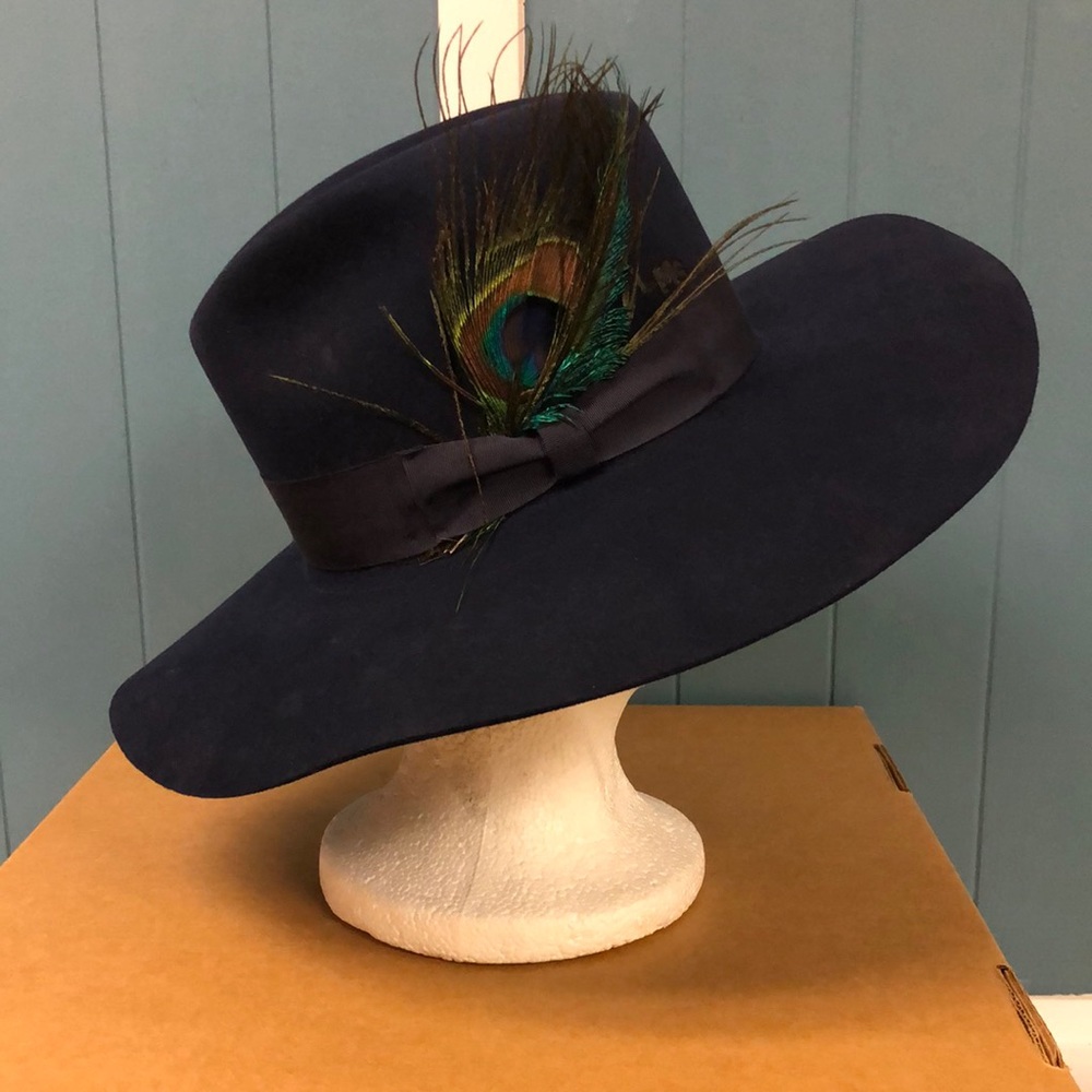 Classic Wide-Brim Fedora Hat with Peacock Feather - Navy